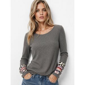 Boutique Gray Thermal Top Leopard Floral Cuff Mixed Print Long Sleeve S
